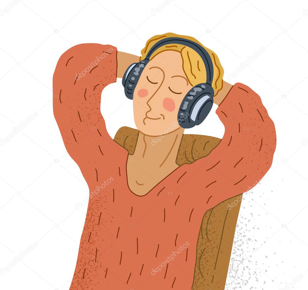 Young man listening to music in headphones vector illustration isolated on white, boy is enjoying and relaxing listening to music.