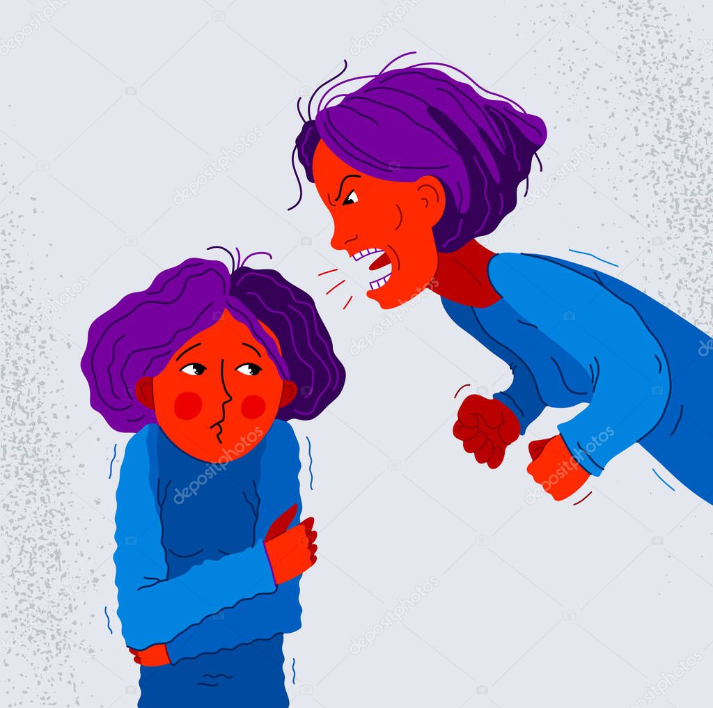 Abusive mother vector illustration, bad mother scream and shout on little scared girl her daughter, domestic violence, victim child, despotic parent, psychological violence abuse.