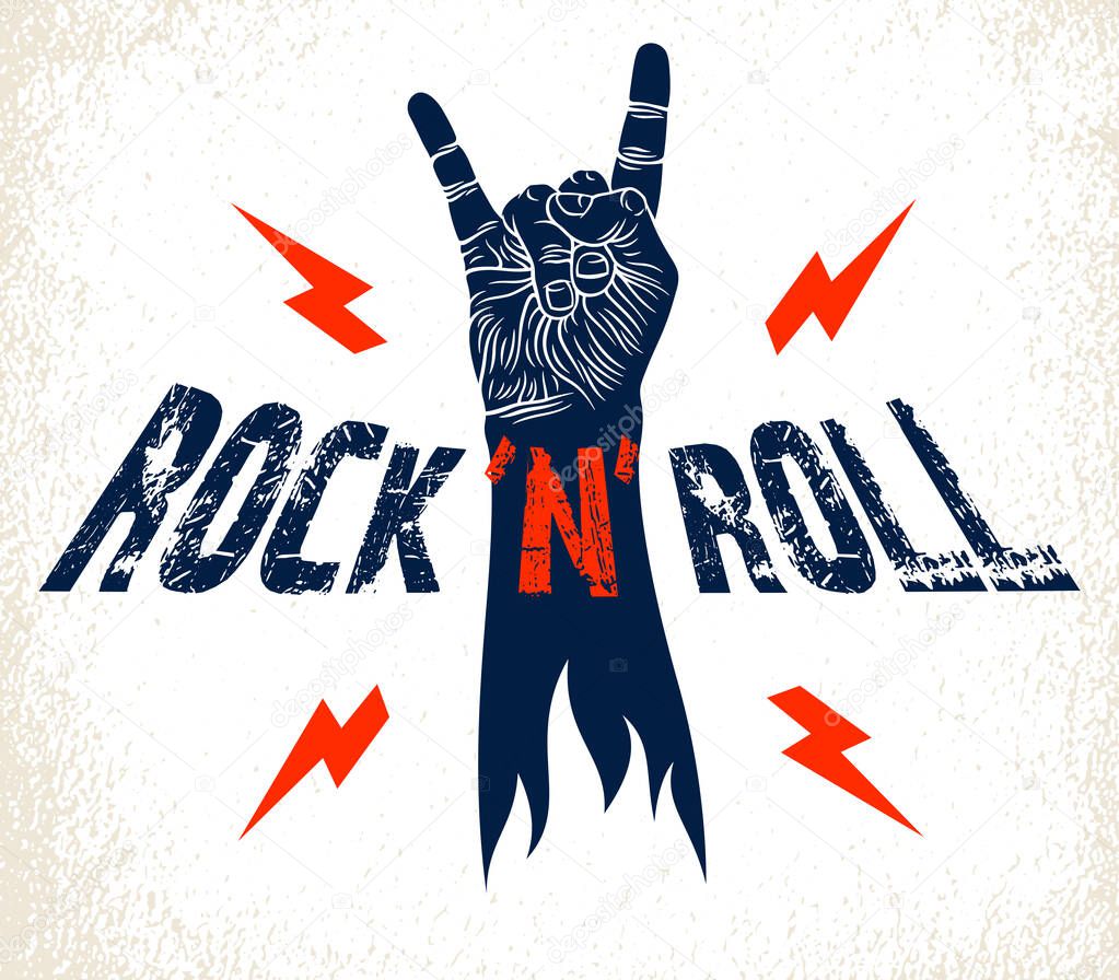 Rock hand sign with lightning bolts, hot music Rock and Roll gesture, Hard Rock festival concert or club, vector label emblem or logo, musical instruments shop or recording studio.