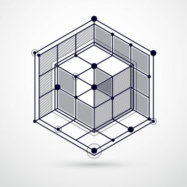 Modern izometrik vektör siyah ve beyaz arka plan ile geometrik öğesi. Küpleri, altıgenler, kareler, dikdörtgenler ve farklı soyut öğeler düzenini. 