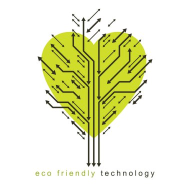 Sevgi dolu kalp şeklindeki dijital ağacın çizgiler örgü ve okları dal olarak kullanan sanat vektör çizimi. Doğa kaynakları teknoloji kavramı.