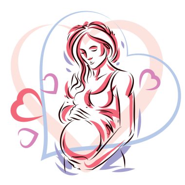 Güzel hamile kadın bedeni siluet kalp şekli çerçeveli. Anne-olmak çizilmiş vektör çizim. Mutluluk ve bakım Tema.