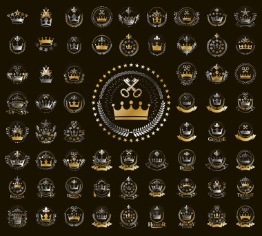 Heraldic Coat of Arms, büyük bir vektör seti, antika heraldik rozetler ve ödüller koleksiyonu, klasik tarz tasarım unsurlarında semboller, aile veya iş logoları.
