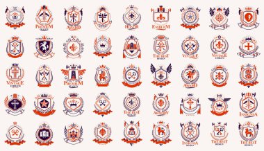 Heraldic Coat of Arms vektör seti, antika heraldik rozetler ve ödüller koleksiyonu, klasik tarz tasarım unsurları, aile veya iş logoları sembolleri.