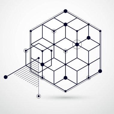 Modern soyut kübik kafes çizgilerinin siyah beyaz arka plan vektörü. Küpler, altıgenler, kareler, dikdörtgenler ve farklı soyut elementlerin yerleşimi. Soyut teknik 3B arkaplan.