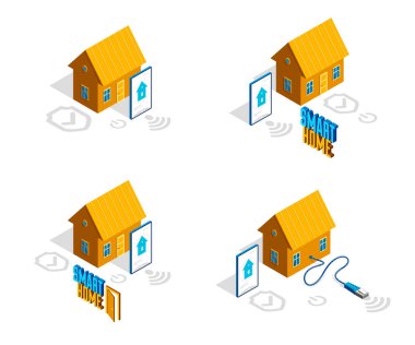 Akıllı ev IOT konsepti elektronik modern ev vektörü izometrik çizimler seti, akıllı güvenlik, uzak gelecekteki otomatik uygulamalar.
