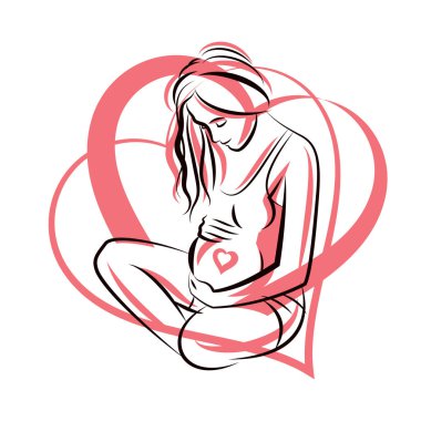 Kalp şeklindeki vücut hatlarıyla çevrili hamile kadın vücudunun taşıyıcı zarif bileşimi. Anneler Günü.