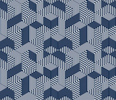 Kusursuz küp vektör arkaplanı, eşkenar dörtgen ve üçgen kutular tekrar eden fayans deseni, 3 boyutlu mimari ve yapı, geometrik tasarım.