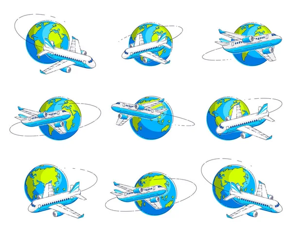Aerolíneas Emblemas Viajes Aéreos Ilustraciones Con Avión Pasajeros Planeta Tierra — Vector de stock