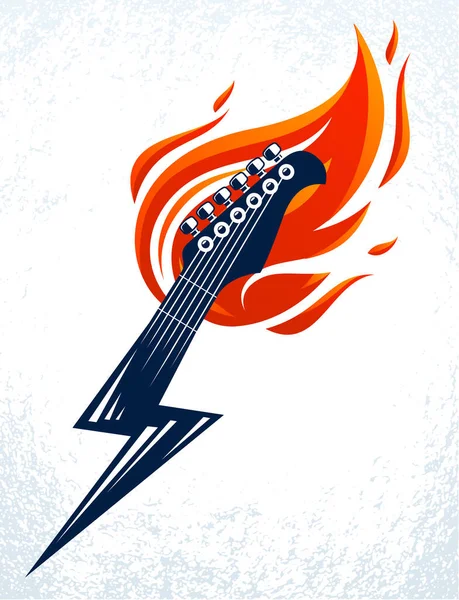 炎とボルト ハードロックやロックやロールのコンサートやフェスティバルのラベル ナイトクラブのライブショー ベクトルのロゴで 雷の形で火の上にエレクトリックギターのヘッドストック — ストックベクタ