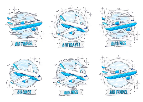 Aerolíneas Emblemas Viajes Aéreos Ilustraciones Con Avión Avión Línea Forma — Vector de stock