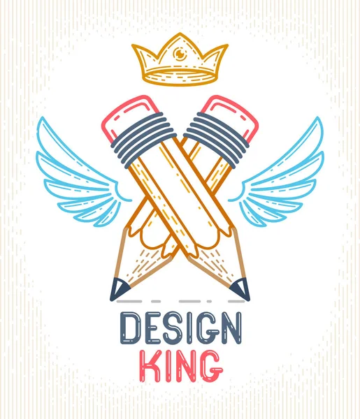 翼と冠を持つ2つの交差鉛筆 デザイナーやスタジオ 創造的な王 王室のデザイン 線形スタイルのためのベクトルシンプルな流行のロゴやアイコン — ストックベクタ