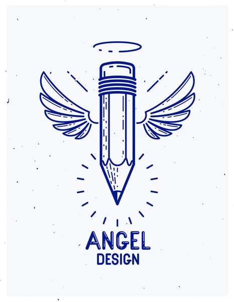 翼とニンバス デザイナーやスタジオ 創造的な精神 天使のデザイン 線形スタイルのためのベクトルシンプルな流行のロゴやアイコンを持つ鉛筆 — ストックベクタ