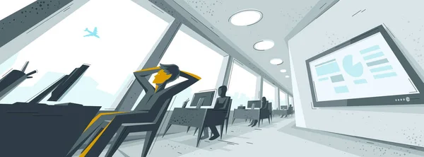 Kancelářský Interiér Pokřivené Perspektivě Zaměstnanci Jeden Muž Sní Cestování Dovolenou — Stockový vektor