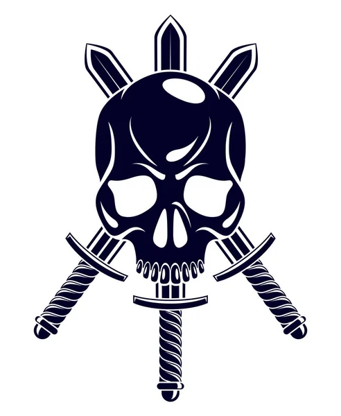 Aggressiv Dödskalle Pirat Emblem Jolly Roger Med Vapen Vektor Vintage — Stock vektor