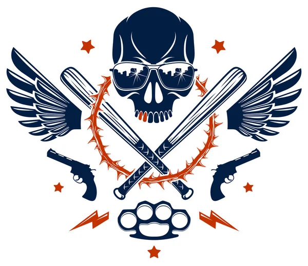 積極的な頭蓋骨野球バットと他の武器やデザイン要素 ベクトル バンディットゲットーヴィンテージスタイル ギャングのアナーキーやマフィアのテーマで犯罪の入れ墨 ギャングの紋章やロゴ — ストックベクタ