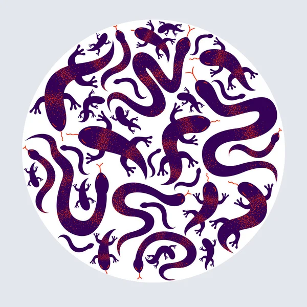 蛇和蜥蜴在圆形矢量设计图上围绕着构图 恐怖而恶心的生物 — 图库矢量图片
