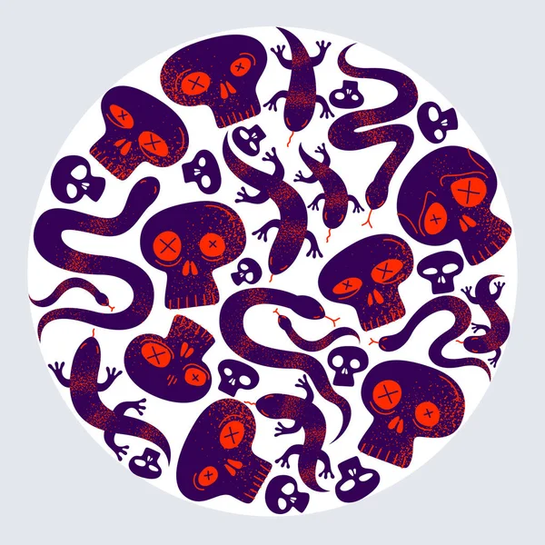 Skulls Lizards Snakes Composition Circle Vector Design Illustration Death Sculls — Stock Vector