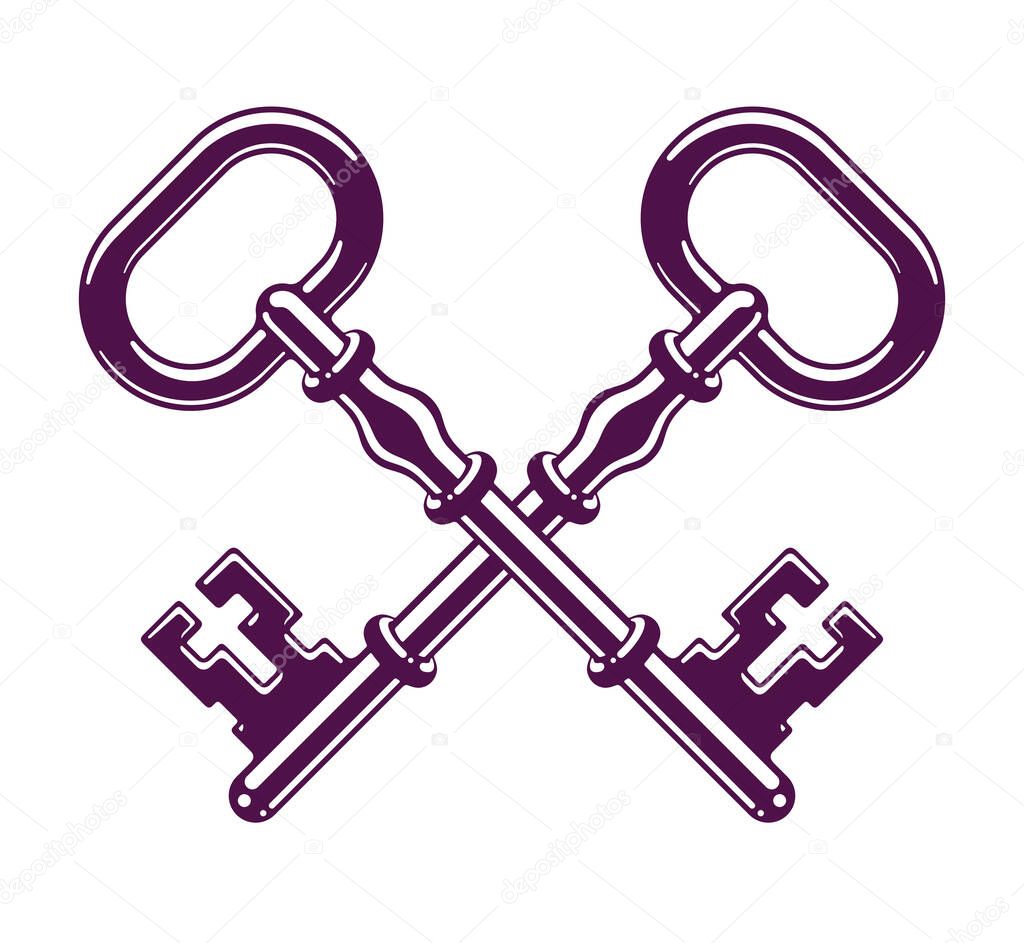 Crossed keys, protected secret, electronic data protection, keys to heaven, hotel label, vintage antique turnkeys vector logo or emblem.