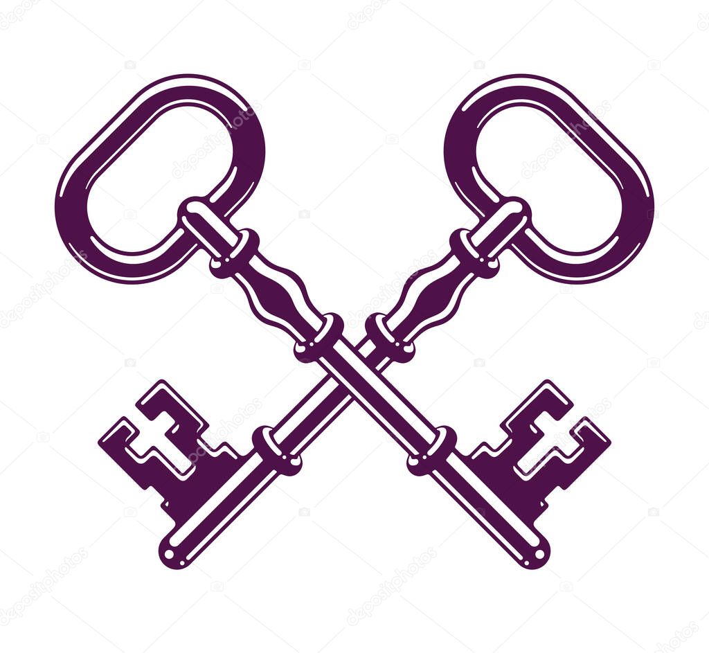 Crossed keys, protected secret, electronic data protection, keys to heaven, hotel label, vintage antique turnkeys vector logo or emblem.