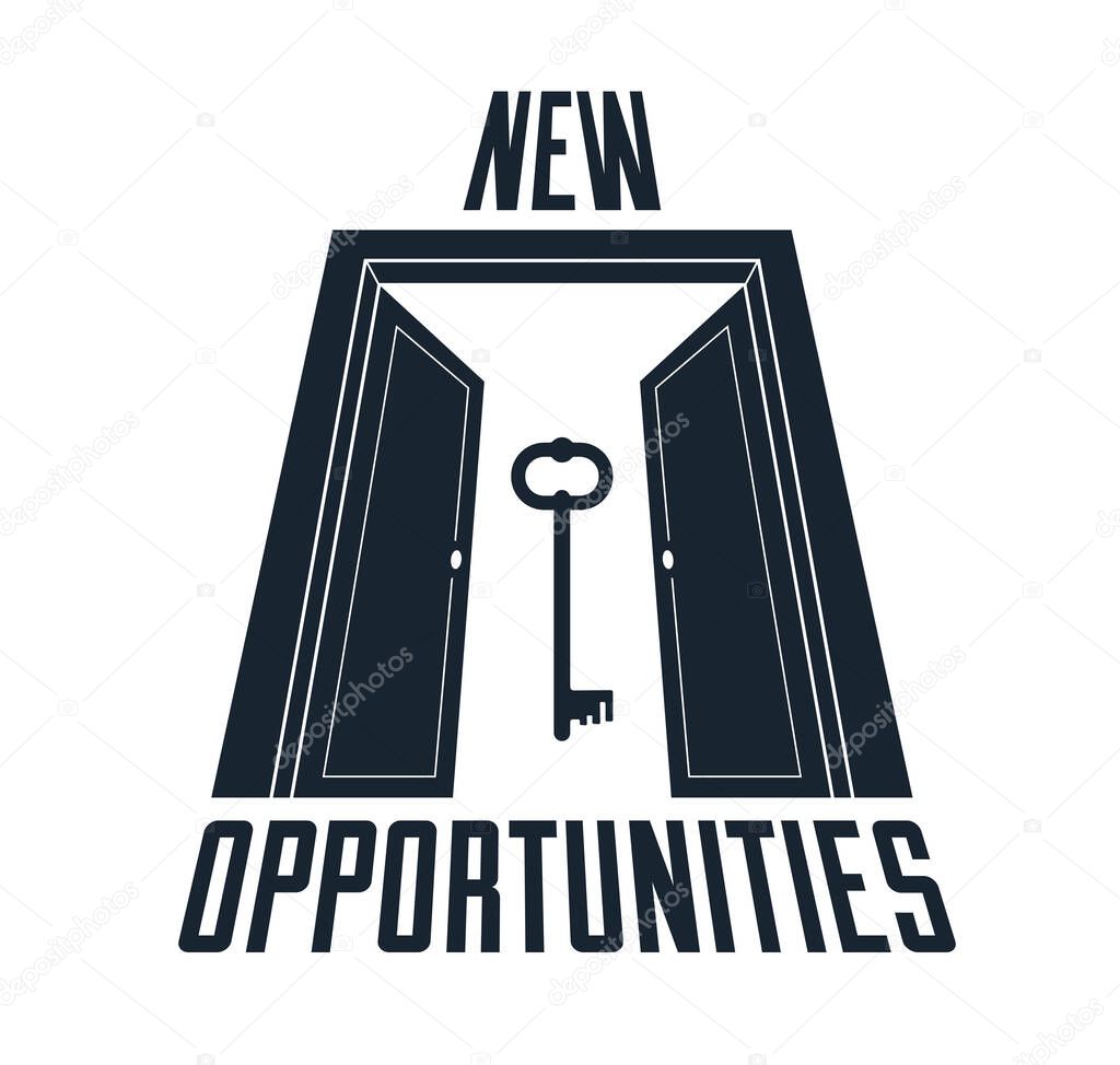 Half open door vector concept of new opportunities, step into future metaphor, start of new business or career, mysterious secret door allegory.