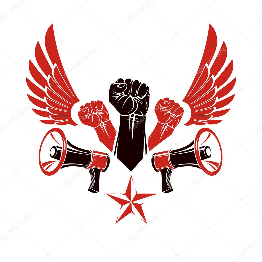 Vector advertising poster created using clenched fists raised up, bird wings and loudhailer equipment. Propaganda as the method of ideology imposing