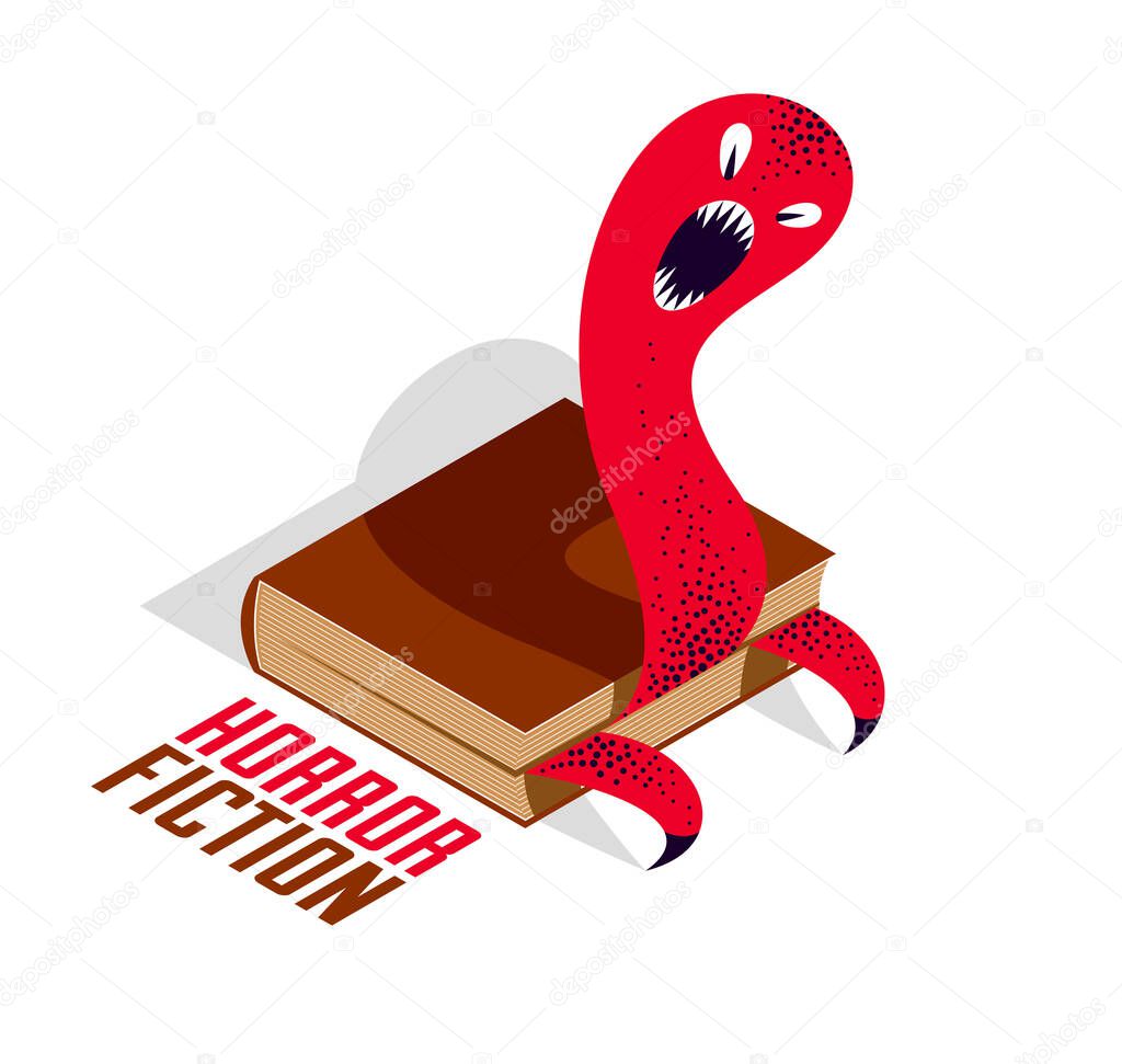 Horror fiction book with creepy creature monster getting out of pages vector illustration 3d isometric, literature concept, thrilling reading concept.