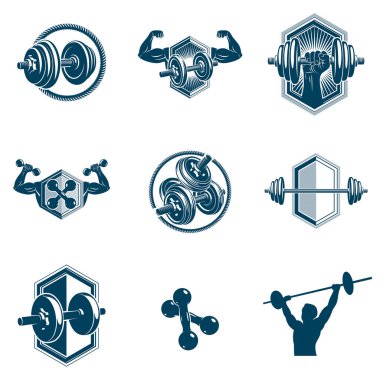 Halter temalı halter koleksiyonu halterler, halterler ve disk ağırlıkları spor ekipmanları kullanılarak yapılmıştır. Güçlü adam mükemmel vücut..