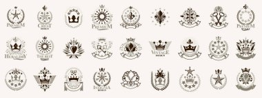 Heraldic Coat of Arms 'ın taç ve yıldız vektörleri büyük set, antika hanedan nişanları ve ödüller koleksiyonu, klasik tarz tasarım unsurları, aile veya iş logoları.