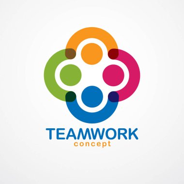 Takım çalışması ve arkadaşlık kavramı basit geometrik elementlerle yaratıldı. Vektör simgesi ya da logo. Birlik ve işbirliği fikri, iş adamlarından oluşan rüya takımı renkli tasarım.