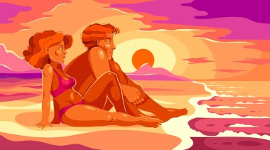 Gün batımında genç ve güzel bir çift deniz kıyısında sakin sakin sakin denize bakıyor, doğadaki çekici erkek ve kadın..