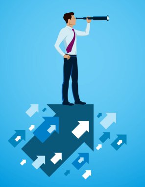 Spyglass, iş konsepti vektör illüstrasyonunda fırsat arayan iş adamı, başarılı genç ve yakışıklı iş adamı yeni perspektifler arıyor.