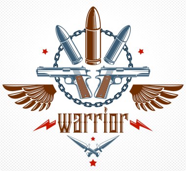Kurşunlar ve silahlar Devrim ve Savaş 'ın amblemi, farklı tasarım unsurları, anarşi ve kaos konsepti, suç ve gangster tarzı, sosyal gerilim temalı logo veya dövme.