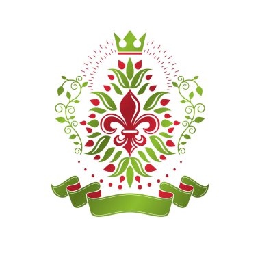 Lily Flower Royal amblemi. Heraldic Coat of Arms dekoratif kurdele ve imparatorluk tacıyla yaratılmış vektör çizimini izole etti. Ekoloji ve çevre koruma iş logosu.