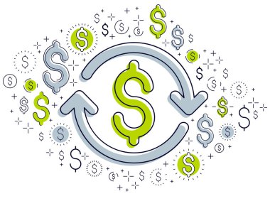 Dolar işareti ve döngü oku, para değişimi, yatırım, sigorta konsepti, geri ödeme, borsa, yeniden finanse, vektör tasarımı.