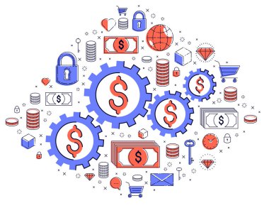 Ekonomi sistemi ve iş konsepti, dolar işaretleri ve ikon setli dişliler ve dişliler mekanizması, sistematik iş ve finans faaliyetlerinin kinayeli tasarımı, vektör illüstrasyonu.