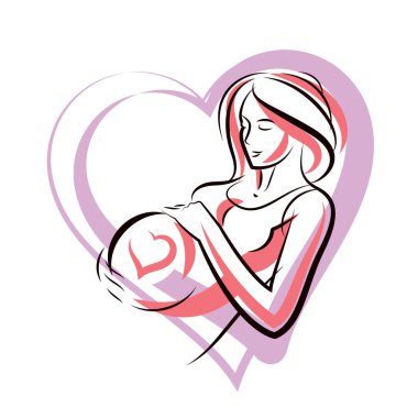 Pregnant woman graceful body outline surrounded by heart shape frame. Vector illustration of mother-to-be fondles her belly. Happiness and caress concept. clipart