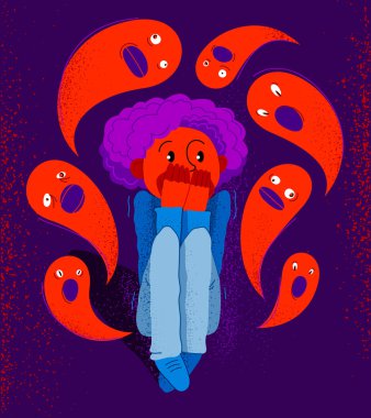 Hayaletler ve ruhlar fobisi paranormal taşıyıcı illüstrasyon, panik ataktan korkan çocuk etrafında hayali hayaletler uçuşuyor, psikoloji ve psikiyatri..