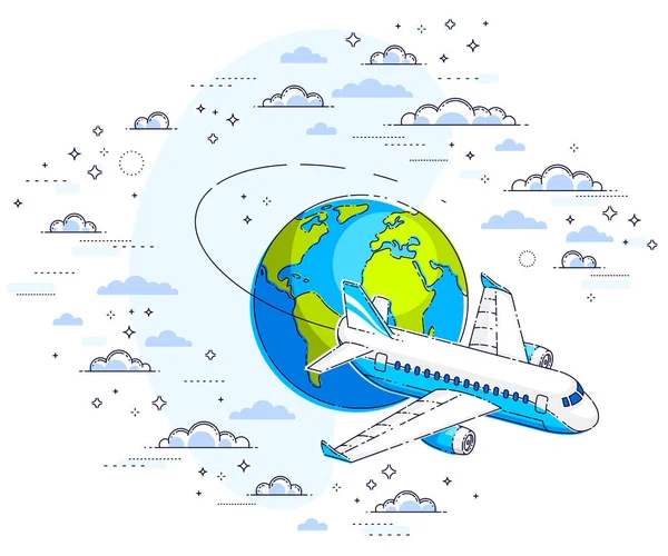 Ilustrace Letecké Dopravy Letadlem Planetou Obloze Obklopenou Mraky Krásné Tenké — Stockový vektor