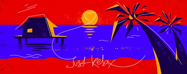 Letní Tropická Pláž Palmami Dům Dovolená Dovolená Vektorové Ilustrace Relaxace — Stockový vektor