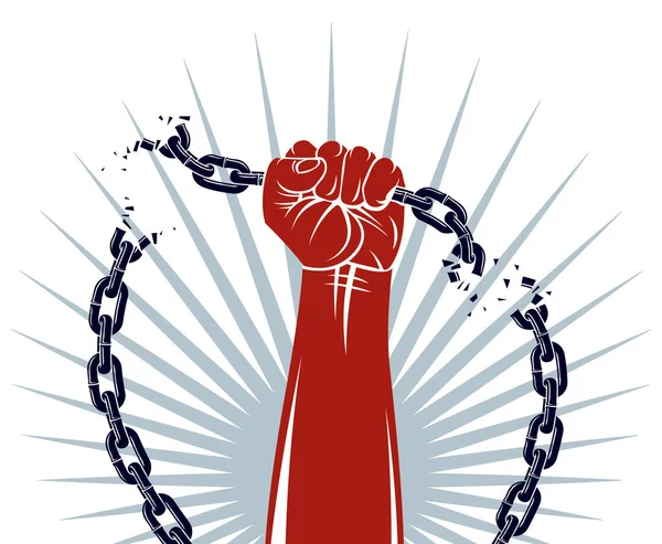 奴隶制主题图解 用有力的手紧握拳头与锁链 矢量标志或纹身为自由而斗争 获得自由 为自由而斗争 — 图库矢量图片
