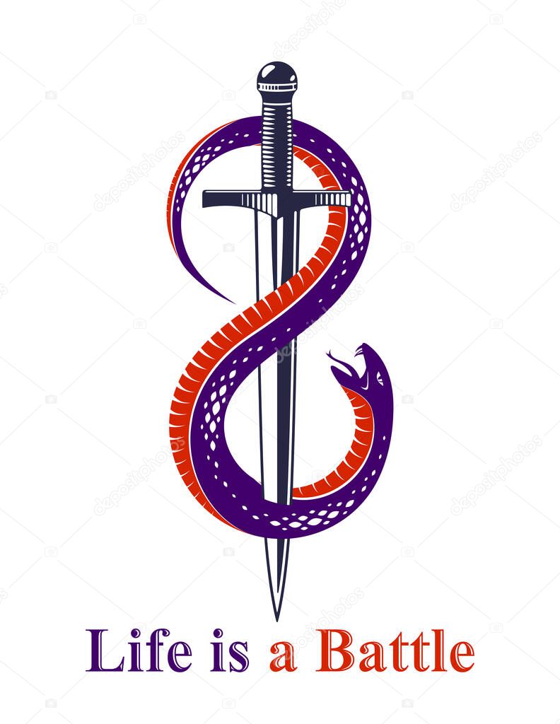 Dagger kills a Snake, defeated Serpent wraps around a sword vector vintage tattoo, Life is a Fight concept, life is no bed of roses, allegorical logo or emblem of ancient symbol.