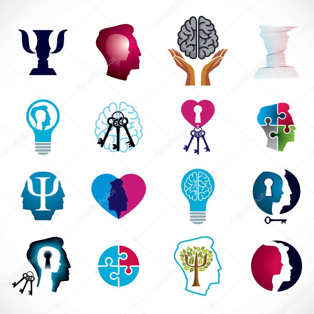 Psychology, human brain, psychoanalysis and psychotherapy, relationship and gender problems, personality and individuality, cerebral neurology, mental health. Vector icons or logos set.