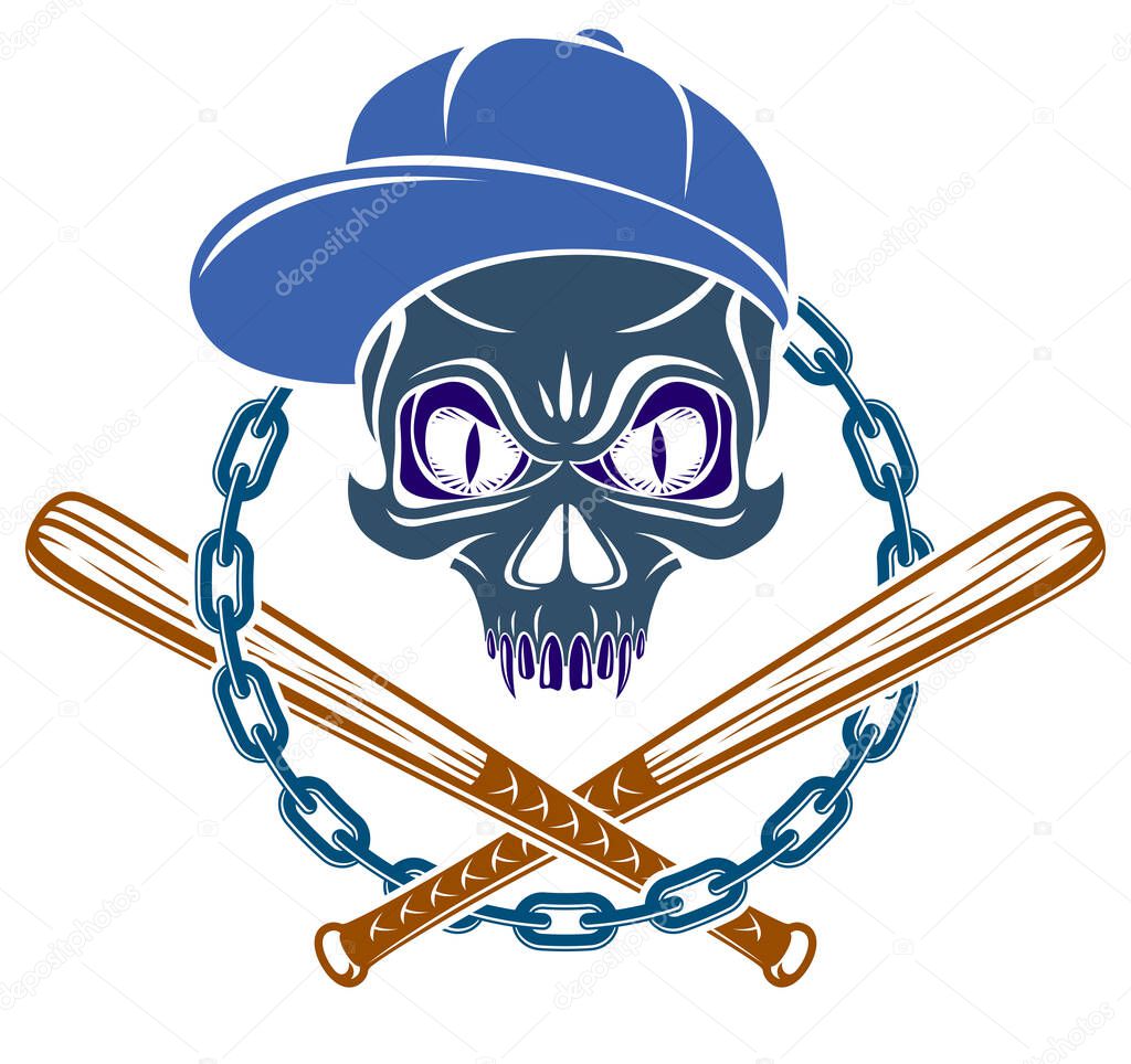 Criminal tattoo ,gang emblem or logo with aggressive skull baseball bats design elements, vector, bandit ghetto vintage style, gangster anarchy or mafia theme.