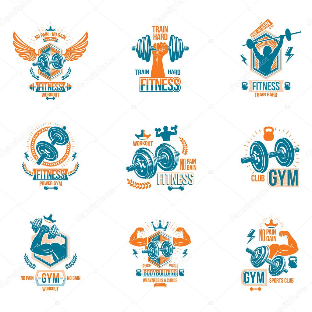 Set of vector gym theme emblems and motivational banners composed with dumbbells, barbells, kettle bells sport equipment and bodybuilder body shapes.