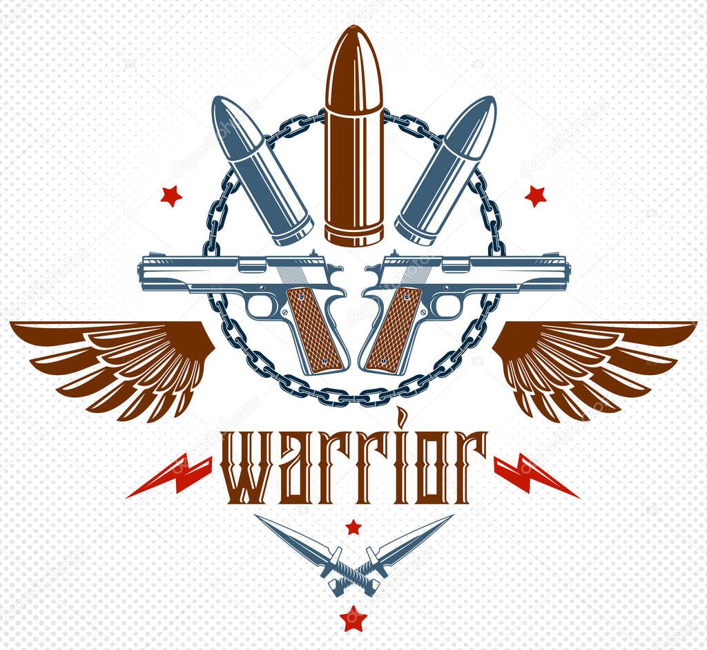 Bullets and guns vector emblem of Revolution and War, logo or tattoo with lots of different design elements, anarchy and chaos concept, criminal and gangster style, social tension theme.