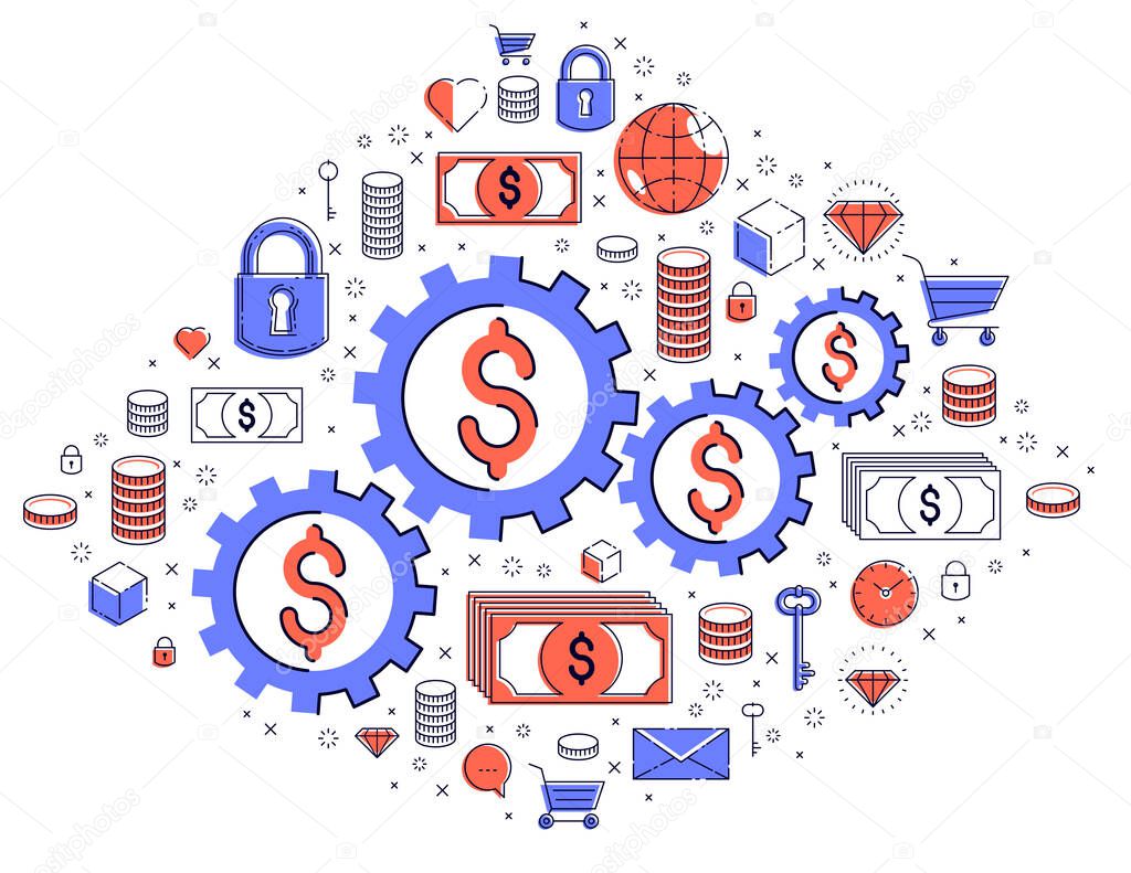 Economy system and business concept, gears and cogs mechanism with dollar signs and icon set, allegory design of systematic business and financial activity, vector illustration.