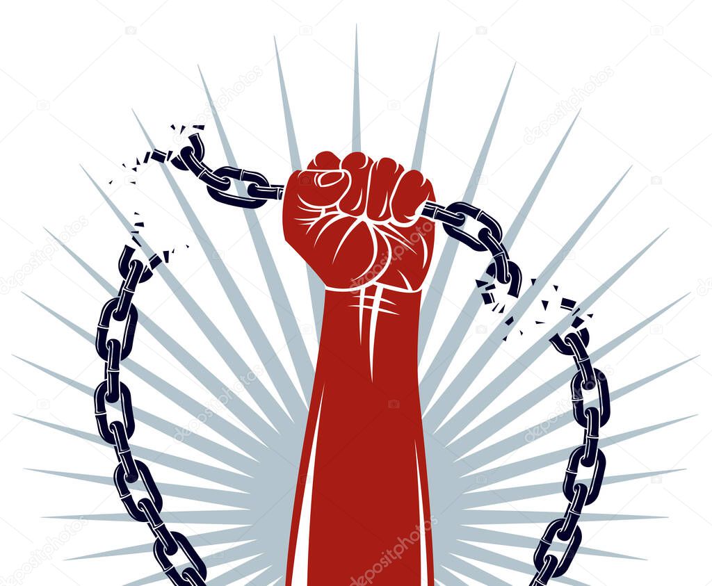 Slavery theme illustration with strong hand clenched fist fighting for freedom against chain, vector logo or tattoo, getting free, struggle for liberty.