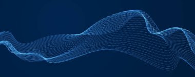 Karanlık, pürüzsüz eğri şekil çizgileri, parçacık dizisi akışı üzerinde akan parçacık dalgası ile vektör soyut arkaplan. 3D şekilli parlayan noktalar harmanlanmış ağ, teknoloji duvar kağıdını rahatlatıyor.