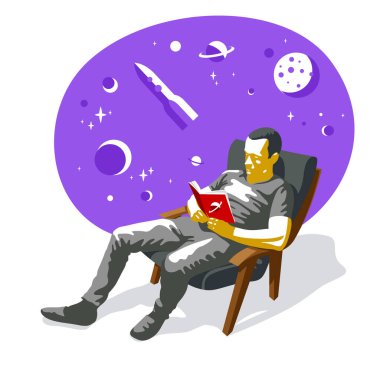 Uzay yolculuğu illüstrasyonu hakkında fantastik bir kitap okuyan genç adam izole edilmiş, roket üzerinde fantastik kozmos maceraları hakkında kurgu edebiyatı.